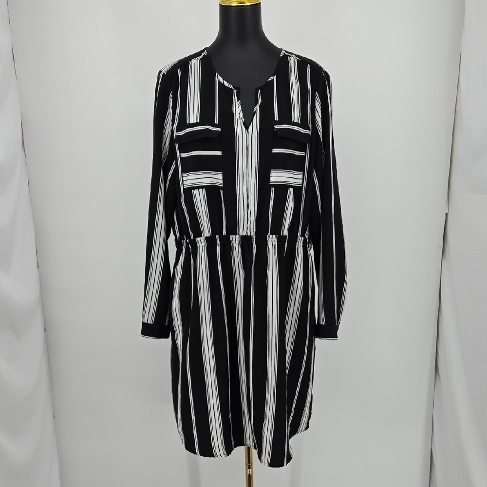 Mossimo Black White Pull Over Dress Long Sleeve Elastic Waistband Plus Size XXL